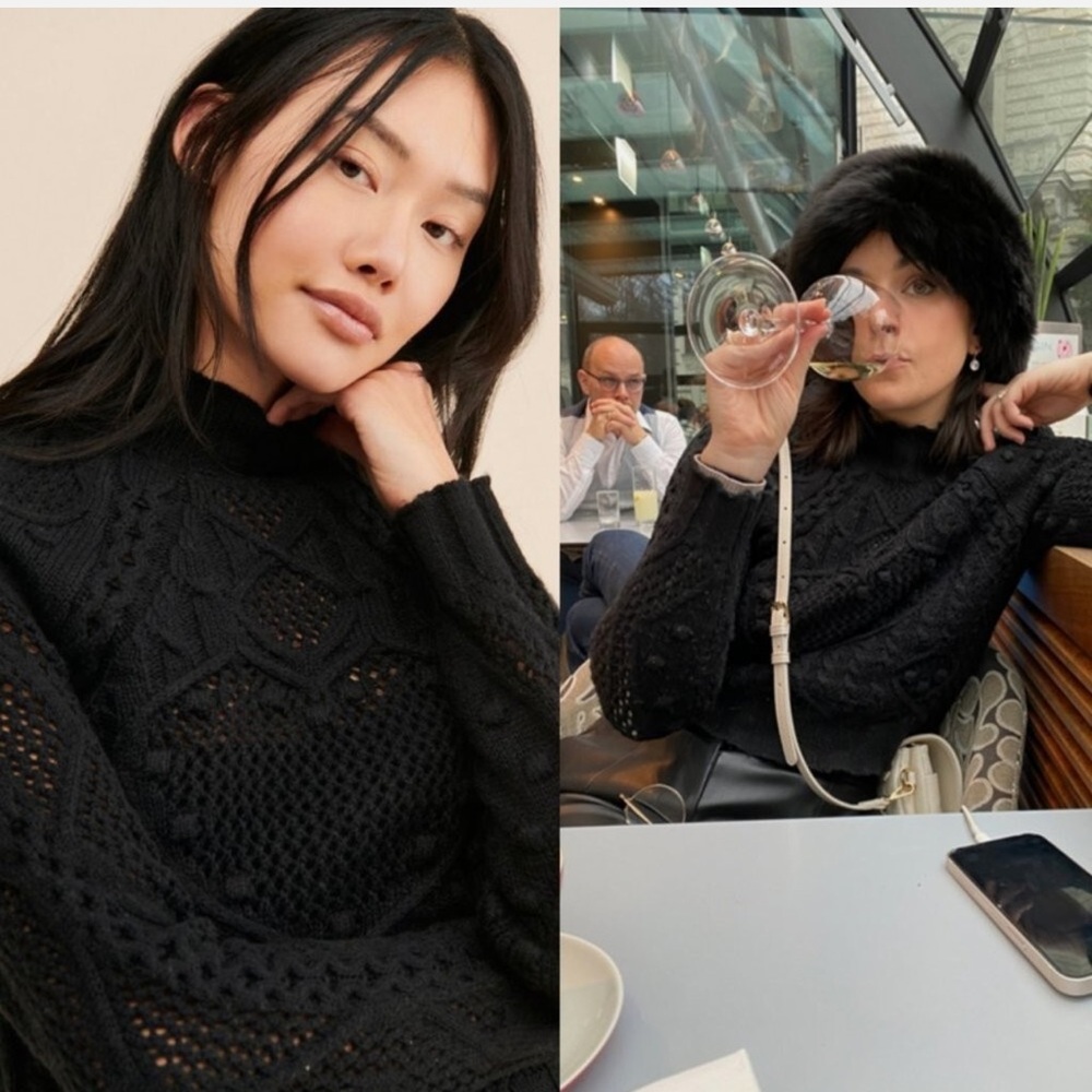 Free People Reina Cable Knit Pullover in Black Size Small